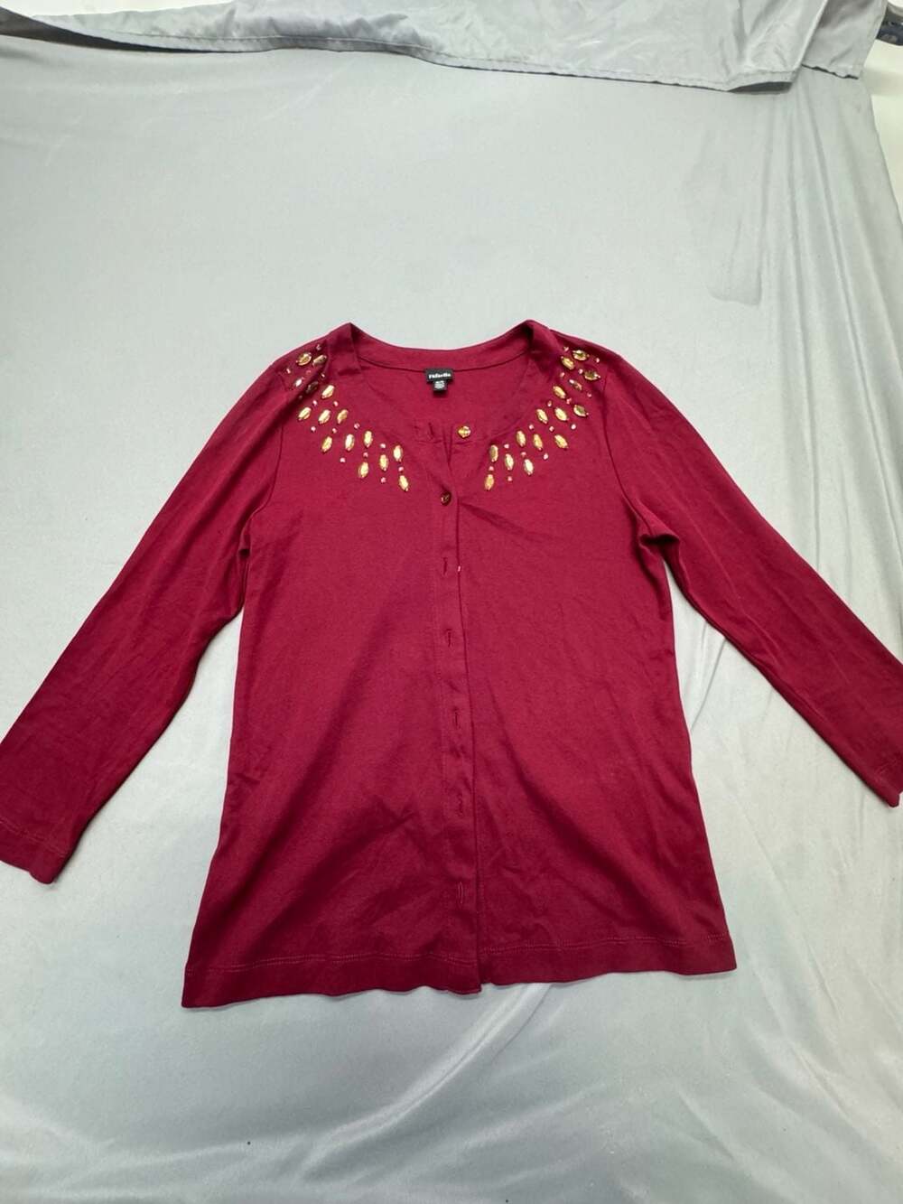 Rafaella Cardigan Size M Red Beaded Rhinestone Trim